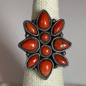 Large Vintage Genuine Red Coral Cluster Solid Sterling Silver 925 Ring